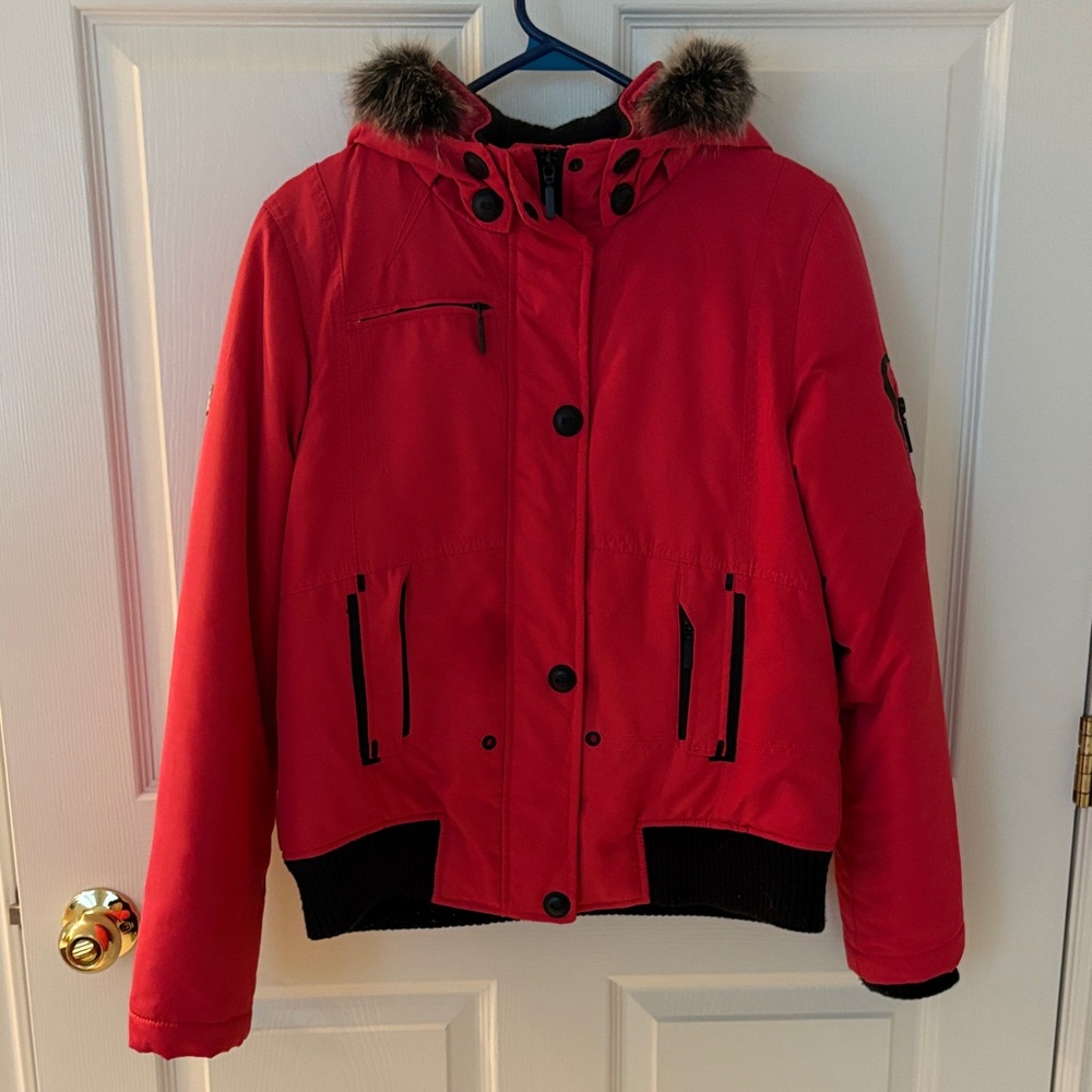 Point Zero Vibrant Coral Bomber Jacket with Fur Hood